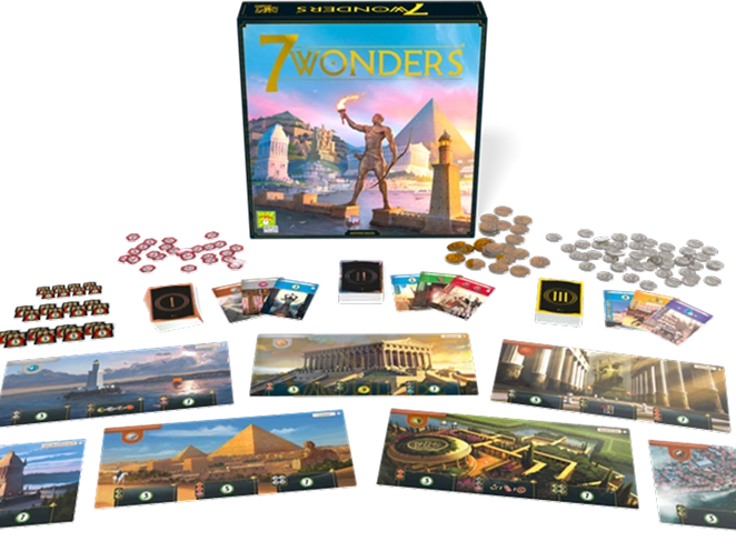 Het bordspel 7 Wonders met kaarten, fiches en speelborden, waarmee een strategiespel met een beschavingsopbouwmechanisme en een draft-systeem wordt getoond.
