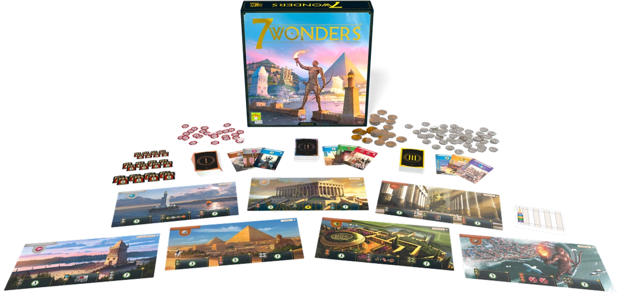 Het bordspel 7 Wonders met kaarten, fiches en speelborden, waarmee een strategiespel met een beschavingsopbouwmechanisme en een draft-systeem wordt getoond.