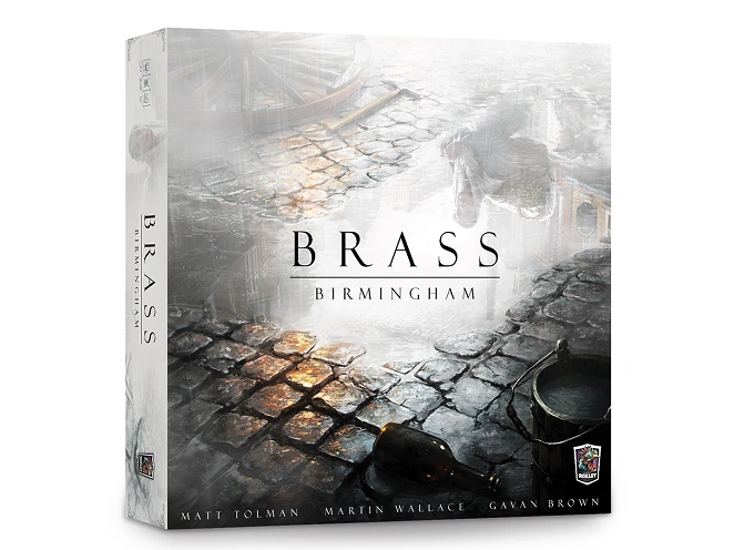 Messing doos voor het Birmingham-bordspel met afbeeldingen uit het industriële tijdperk, die een economisch strategiespel voorstellen over het opbouwen van industrieën tijdens de Industriële Revolutie.