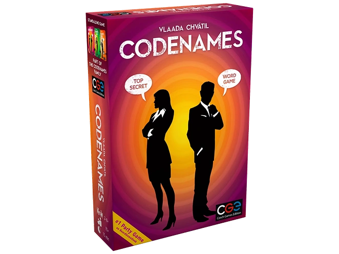 Codenames partybordspel in een doos, met een woordassociatiespel waarbij teams aanwijzingen geven om geheime agenten te identificeren in een competitieve groepssetting.