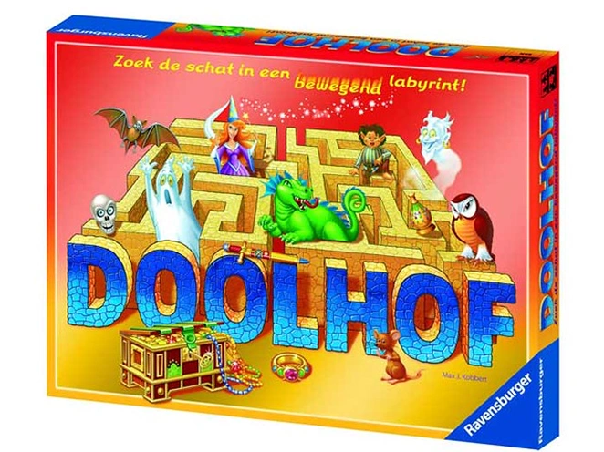 Doolhof bordspeldoos met kleurrijk doolhofontwerp, een klassiek familiespel waarbij spelers door steeds veranderende labyrintpaden navigeren om schatten te vinden.