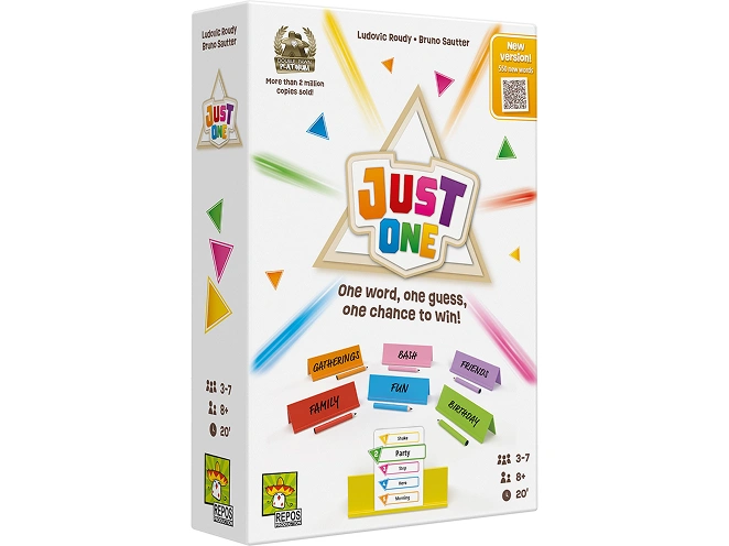 Een eenvoudige speldoos voor een gezelschapsspel met kleurrijke woordkaarten, waarbij spelers unieke aanwijzingen geven om samen een mysterieus woord te raden.