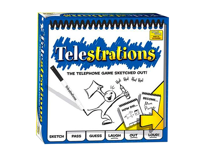 De Telestrations partygamebox bevat teken- en raadspelletjes, waarbij communicatie via de telefoon wordt gecombineerd met schetsen voor leuk groepsspel.