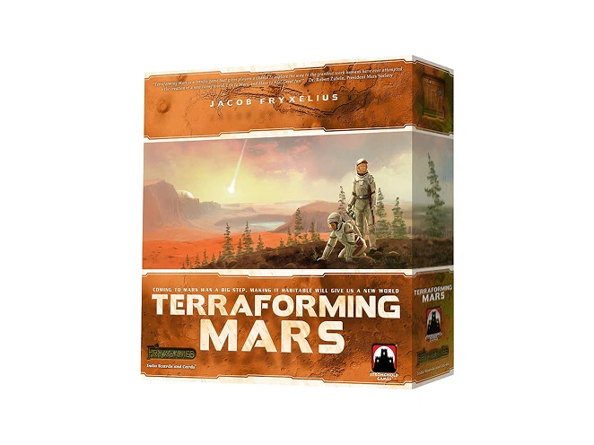 De doos van het bordspel Terraforming Mars toont een futuristische scène van een Marskolonie, wat een strategiespel over ruimteverkenning en planeetontwikkeling voorstelt.