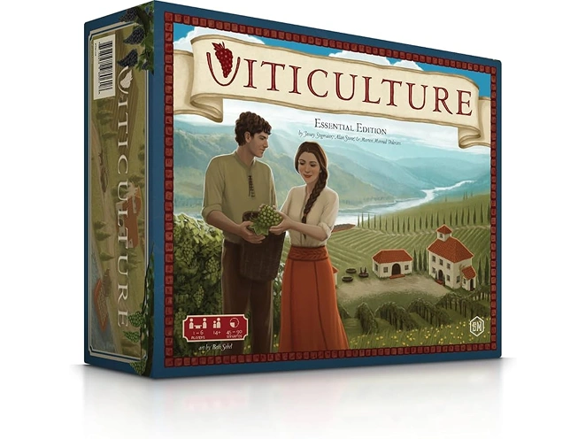 De doos van het bordspel Viticulture toont een wijngaardscène en is een strategiespel met werknemersplaatsing, gericht op wijnproductie en wijngaardbeheer.