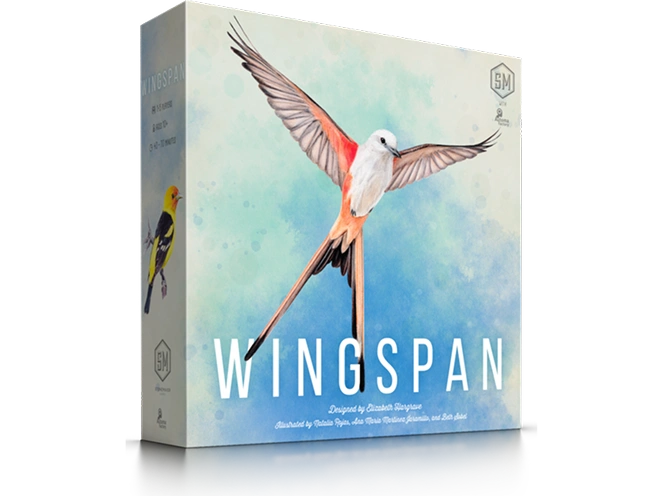 De doos van het Wingspan-bordspel is voorzien van een vogelillustratie en toont een engine-building-spel met een natuurthema, gericht op vogels en hun leefomgeving.
