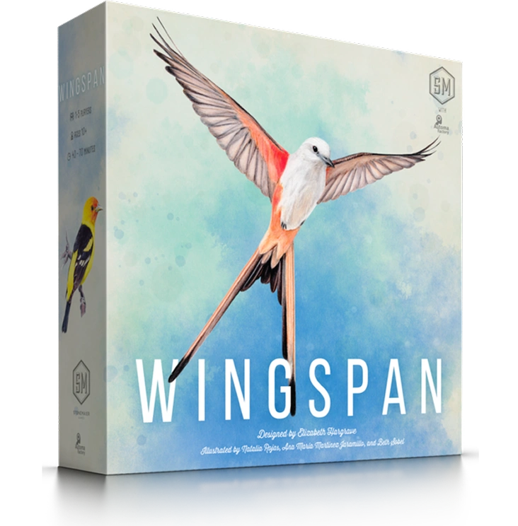 De doos van het Wingspan-bordspel is voorzien van een vogelillustratie en toont een engine-building-spel met een natuurthema, gericht op vogels en hun leefomgeving.